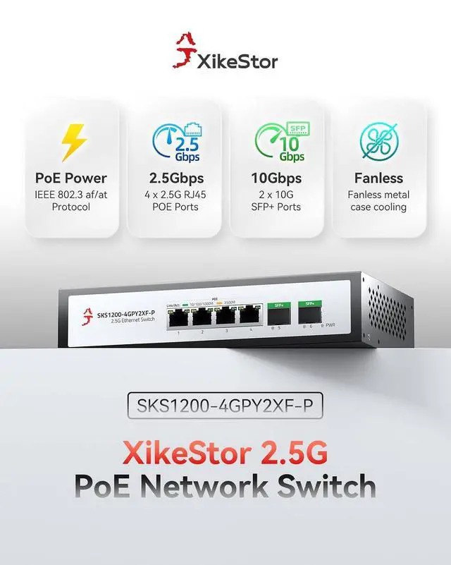 Alt view image 2 of 7 - 6-Port 2.5G Ethernet PoE+ Switch, 4X 2.5GBase-T PoE+ Ports, 2X 10Gbps SFP+, 75W IEEE802.3af/at Unmanaged 2.5Gb PoE Network Switch, Ethernet Hub, Metal Casing, Desktop/Wall-Mount