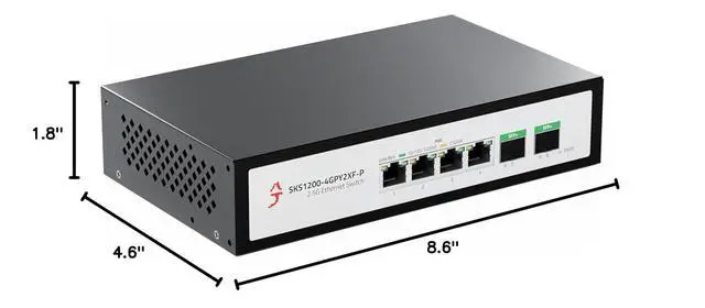 Alt view image 7 of 7 - 6-Port 2.5G Ethernet PoE+ Switch, 4X 2.5GBase-T PoE+ Ports, 2X 10Gbps SFP+, 75W IEEE802.3af/at Unmanaged 2.5Gb PoE Network Switch, Ethernet Hub, Metal Casing, Desktop/Wall-Mount