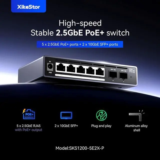 Alt view image 2 of 7 - 7 Port Switch, 5 Port 2.5G PoE Switch, 2 Port 10G SFP+, IEEE802.3af/at, Total Power Supply 100W, Maximum Power per Port 30W, unmanaged, Plug and Play, Compatible with 100/1000/2500Mbps, fanless