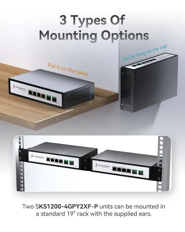 Alt view image 4 of 7 - 6-Port 2.5G Ethernet PoE+ Switch, 4X 2.5GBase-T PoE+ Ports, 2X 10Gbps SFP+, 75W IEEE802.3af/at Unmanaged 2.5Gb PoE Network Switch, Ethernet Hub, Metal Casing, Desktop/Wall-Mount