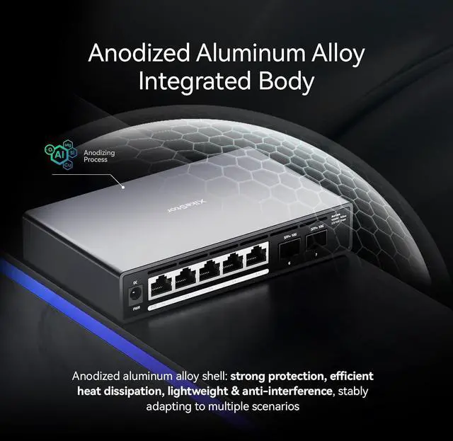 Alt view image 7 of 7 - 7 Port Switch, 5 Port 2.5G PoE Switch, 2 Port 10G SFP+, IEEE802.3af/at, Total Power Supply 100W, Maximum Power per Port 30W, unmanaged, Plug and Play, Compatible with 100/1000/2500Mbps, fanless