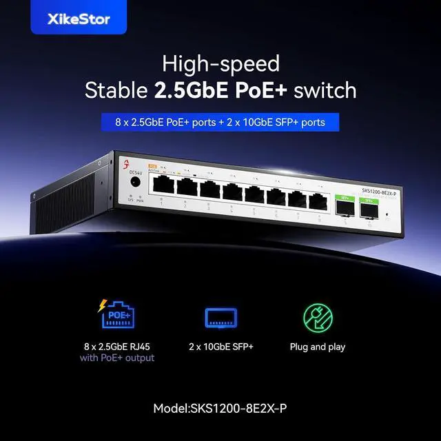 Alt view image 2 of 7 - 10 Port 2.5Gb PoE SwitchUmanaged Managed Network Switch8 Port 2.5G RJ45 PoE2 Port 10G SFP+, IEEE8023af/atTotal Power 100W, 30W per Port, FanlessSupports AP, VoIP Phone, IP Camera, NVR