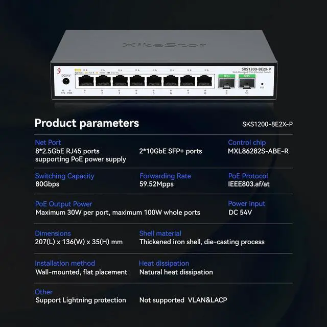 Alt view image 3 of 7 - 10 Port 2.5Gb PoE SwitchUmanaged Managed Network Switch8 Port 2.5G RJ45 PoE2 Port 10G SFP+, IEEE8023af/atTotal Power 100W, 30W per Port, FanlessSupports AP, VoIP Phone, IP Camera, NVR