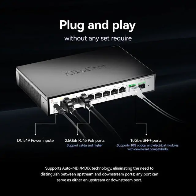 Alt view image 5 of 7 - 10 Port 2.5Gb PoE SwitchUmanaged Managed Network Switch8 Port 2.5G RJ45 PoE2 Port 10G SFP+, IEEE8023af/atTotal Power 100W, 30W per Port, FanlessSupports AP, VoIP Phone, IP Camera, NVR