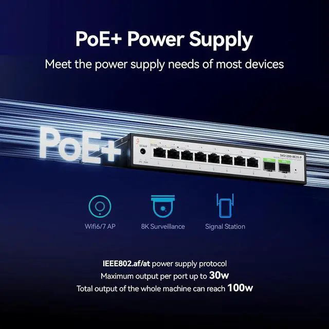 Alt view image 6 of 7 - 10 Port 2.5Gb PoE SwitchUmanaged Managed Network Switch8 Port 2.5G RJ45 PoE2 Port 10G SFP+, IEEE8023af/atTotal Power 100W, 30W per Port, FanlessSupports AP, VoIP Phone, IP Camera, NVR