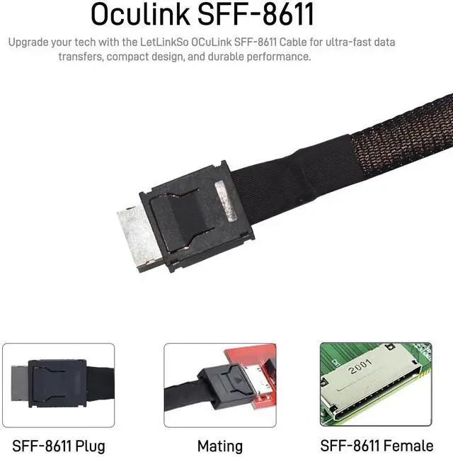 Alt view image 2 of 7 - Shielded Oculink Cable PCIe 4.0 SFF-8611 4i Male Extension Cable for Oculink eGPU onexGPU Mini PC SSD, 3.3 ft (100 cm)