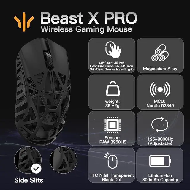 Alt view image 2 of 6 - WLMOUSE Beast X Pro Magnesium Gaming Mouse(Black,TTC Switch,Side Slits)+ZETSUMEOW REN Yaiba Mouse Pad(White)