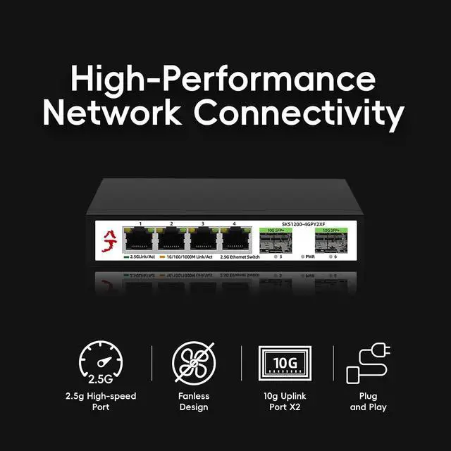 Alt view image 3 of 7 - 6-Port 2.5G Unmanaged Ethernet Switch, 2.5 Gigabit Network Switch, 4X 2.5G RJ45 Ports&2X 10G SFP+, Ethernet Splitter, Metal Housing, Plug&Play