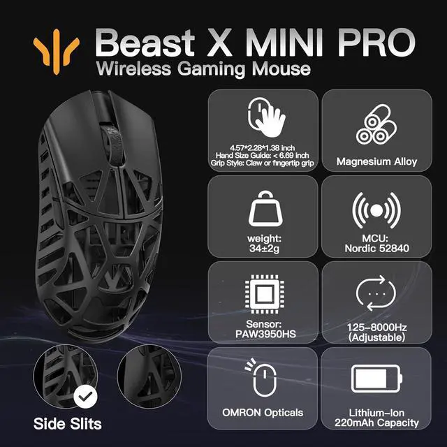 Alt view image 2 of 6 - WLMOUSE Beast X Mini Pro Ultra-Light 34g Magnesium Gaming Mouse, PAW3950 HS Sensor, 8K Polling Rate, 30000 DPI,OM & TTC Switches, Customizable Side Panels.(Black(OM Switch-Side Slits))