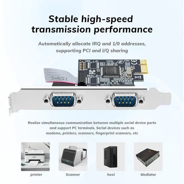 Alt view image 4 of 7 - 2-Port PCIe RS232 Serial Parallel Card - PCI Express to DB9 Expansion Card COM Port Adapter with AX9900 Chipset, Industrial Grade Gold-Plated Connector for Desktop PC