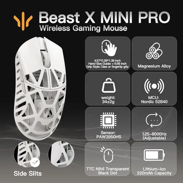 Alt view image 2 of 6 - WLMOUSE Beast X Mini Pro Ultra-Light 34g Magnesium Gaming Mouse, PAW3950 HS Sensor, 8K Polling Rate, 30000 DPI,OM & TTC Switches, Customizable Side Panels.(Milky White(TTC Switch-Side Slits))