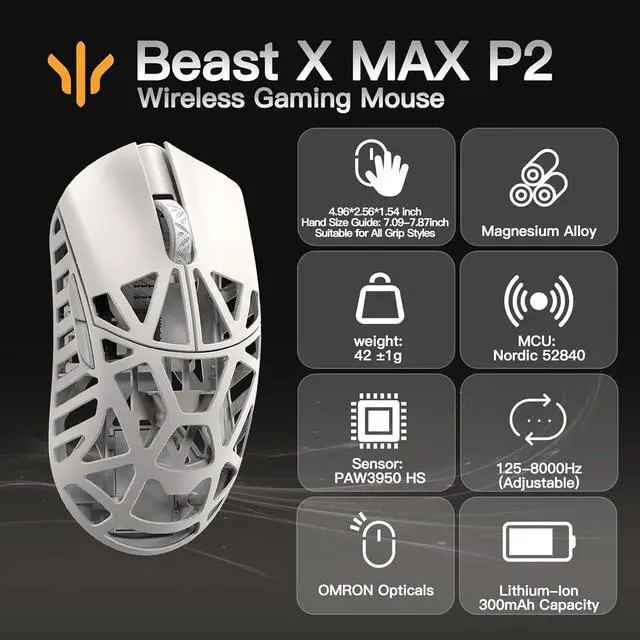 Alt view image 2 of 2 - WLMOUSE Beast X Max Wireless Gaming Mouse - 8KHz Polling Rate, 42g Magnesium Alloy, PAW3950HS Sensor, Customizable DPI, OM & TTC Switches P2 (Milk White(OM Switch))