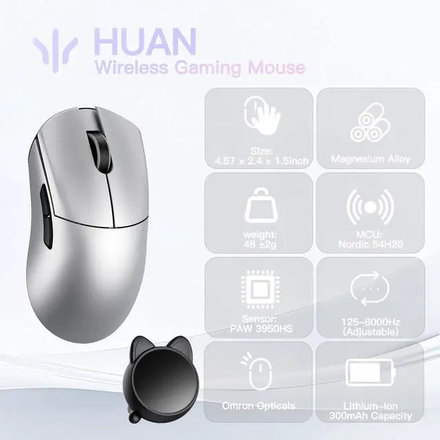 Alt view image 2 of 7 - WLMOUSE Huan 48g Ultra-Lightweight Magnesium Alloy Gaming Mouse,8K Voice & Display Receiver, Dual 8K Wireless/Wired, PAW3950HS Sensor, RGB Wheel Lighting, Nordic 54H20 (Silver(OM Switch))