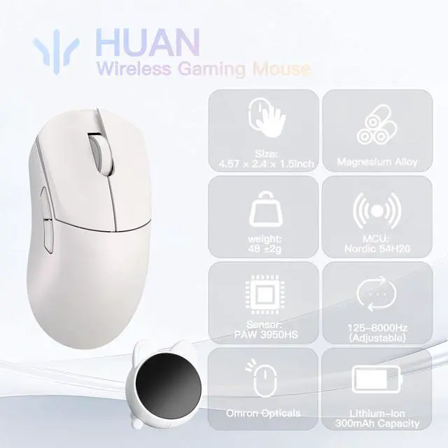 Alt view image 2 of 7 - WLMOUSE Huan 48g Ultra-Lightweight Magnesium Alloy Gaming Mouse,8K Voice & Display Receiver, Dual 8K Wireless/Wired, PAW3950HS Sensor, RGB Wheel Lighting, Nordic 54H20 (White(OM Switch))