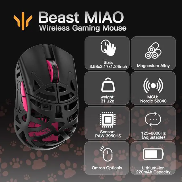 Alt view image 2 of 2 - WLMOUSE Beast X Miao Ultralight 31g Magnesium Alloy Cute Gaming Mouse with PAW3950HS Sensor, Cat Paw, Small Hand Gaming Mouse with 8K Polling Rate,TTC/OM Switches ((BlackRed(OM Switch)))