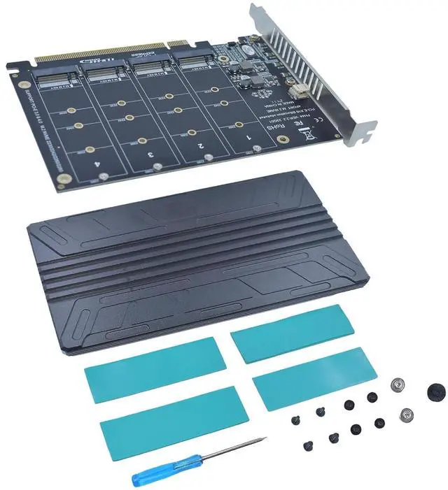 Alt view image 2 of 6 - M.2 PCIe Adapter x16 Gen4 for 4 Ports M2 SSDs, PCIe M.2 Expansion Card for 4 M.2 2280 2260 2242 2230 NVMe SSDs M Key with Advanced Cooling Heat Sink