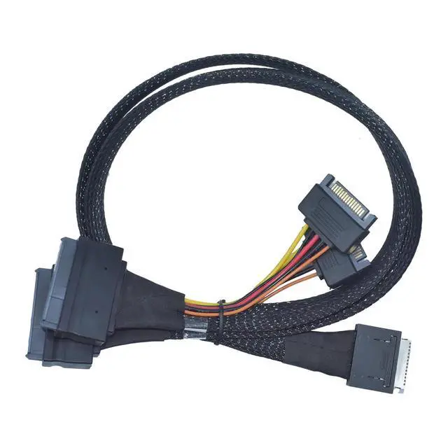 Alt view image 2 of 5 - PCIe 4.0 Oculink SFF-8611 8X to 2 SFF-8639 U.2 NVMe SSD Cable with 15 Pin SATA Power, 1.6ft (50cm)