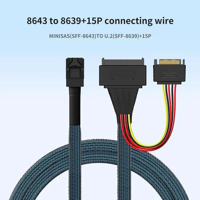 Alt view image 2 of 7 - SFF-8643 to SFF-8639 + 15-Pin U.2 NVMe/SATA Adapter Cable 1M/3.28FT 24Gbps SAS PCIe 4.0 All-in-One Power+Data Link for U.2 SSDs, Servers, Storage Backplanes