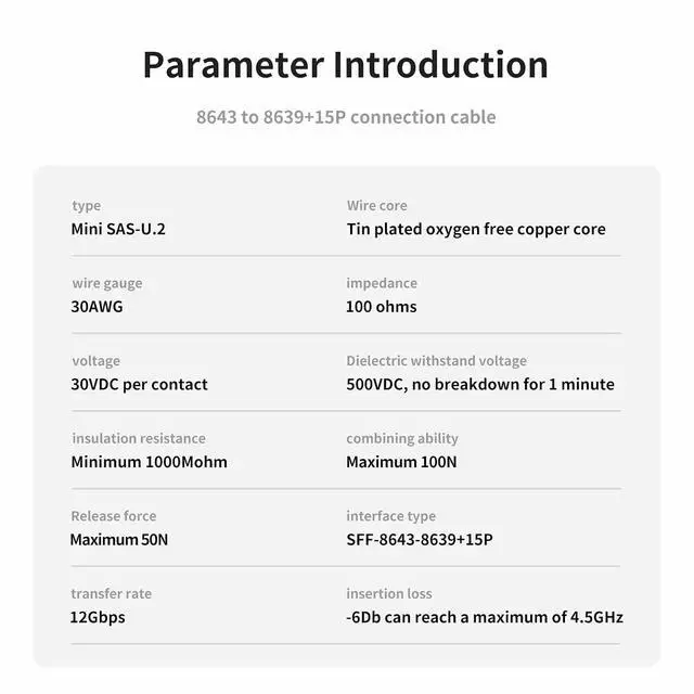 Alt view image 7 of 7 - SFF-8643 to SFF-8639 + 15-Pin U.2 NVMe/SATA Adapter Cable 1M/3.28FT 24Gbps SAS PCIe 4.0 All-in-One Power+Data Link for U.2 SSDs, Servers, Storage Backplanes