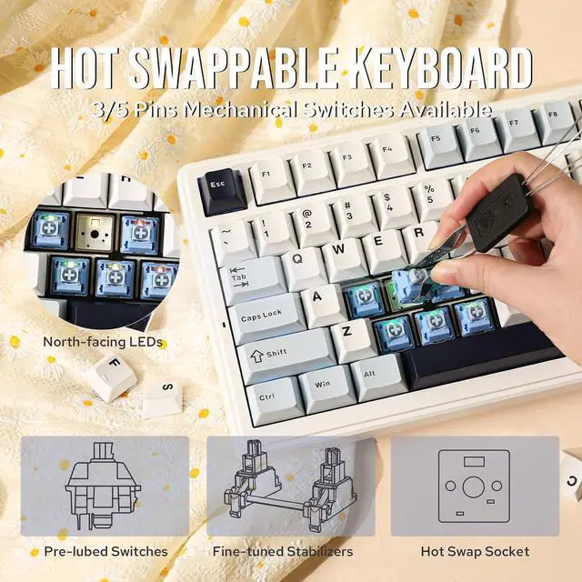 Alt view image 7 of 7 - x Aula F99 Wireless Mechanical Keyboard, Hot Swappable Gasket Custom Gaming Keyboard with Five-Layer Padding, BT/2.4GHz/USB-C, 8000mAh Battery (White Blue, Graywood V3 Switch)