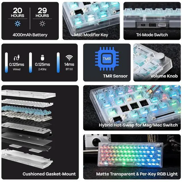 Alt view image 2 of 7 - HE65 V2 TMR Hall Effect Gaming Keyboard with Volume Knob | Rapid Triggering, 8K Polling, 0.01mm Adjustable Actuation, Hybrid Hot-Swap, Creamy & Thocky, 2.4Ghz/BT for Mac/WIN (White)