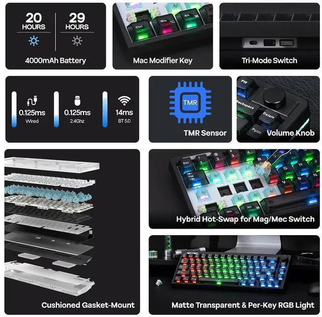 Alt view image 2 of 7 - HE65 V2 TMR Hall Effect Gaming Keyboard with Volume Knob | Rapid Triggering, 8K Polling, 0.01mm Adjustable Actuation, Hybrid Hot-Swap, Creamy & Thocky, 2.4Ghz/BT for Mac/WIN (Black)