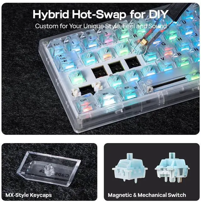 Alt view image 7 of 7 - HE65 V2 TMR Hall Effect Gaming Keyboard with Volume Knob | Rapid Triggering, 8K Polling, 0.01mm Adjustable Actuation, Hybrid Hot-Swap, Creamy & Thocky, 2.4Ghz/BT for Mac/WIN (White)