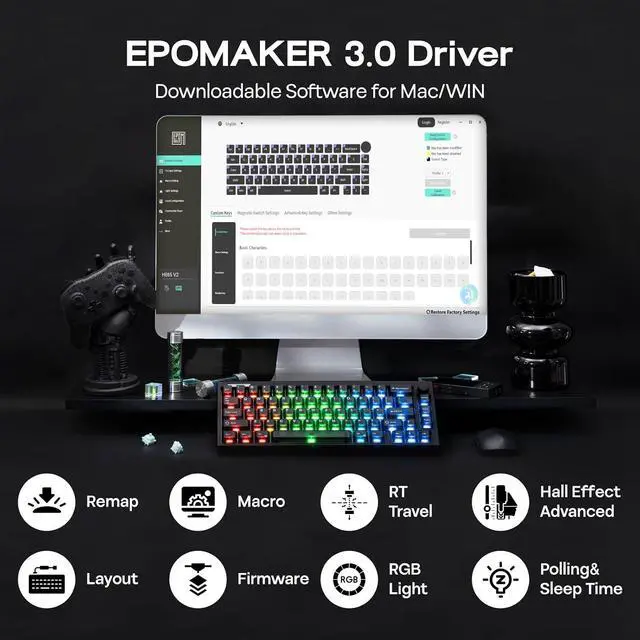 Alt view image 6 of 7 - HE65 V2 TMR Hall Effect Gaming Keyboard with Volume Knob | Rapid Triggering, 8K Polling, 0.01mm Adjustable Actuation, Hybrid Hot-Swap, Creamy & Thocky, 2.4Ghz/BT for Mac/WIN (Black)