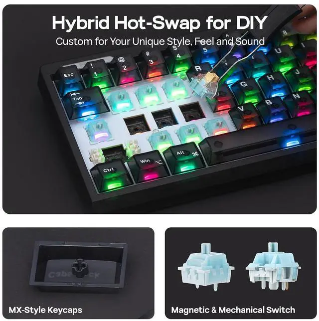 Alt view image 7 of 7 - HE65 V2 TMR Hall Effect Gaming Keyboard with Volume Knob | Rapid Triggering, 8K Polling, 0.01mm Adjustable Actuation, Hybrid Hot-Swap, Creamy & Thocky, 2.4Ghz/BT for Mac/WIN (Black)