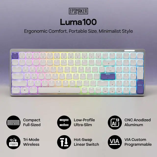 Alt view image 2 of 7 - Luma100 Low Profile Aluminum Mechanical Keyboard, VIA Programmable | RGB Backlit, Hot-Swappable, Win/Mac/Linux Compatible, Wireless Portable Office Keyboard with Mac Modifier Keycaps