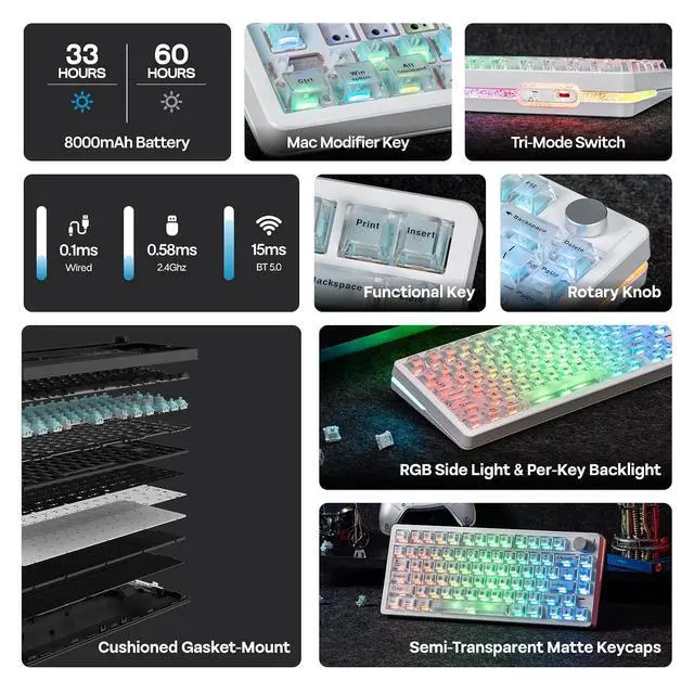 Alt view image 2 of 7 - HE75 V2 TMR Hall Effect Gaming Keyboard w/Changeable Knob | Rapid Triggering, 8K Polling, 0.01mm Adjustable Actuation, Hybrid Hot-Swap, Creamy & Thocky, 2.4Ghz/BT for Mac/WIN (White)