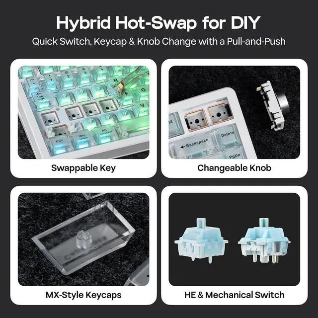 Alt view image 7 of 7 - HE75 V2 TMR Hall Effect Gaming Keyboard w/Changeable Knob | Rapid Triggering, 8K Polling, 0.01mm Adjustable Actuation, Hybrid Hot-Swap, Creamy & Thocky, 2.4Ghz/BT for Mac/WIN (White)