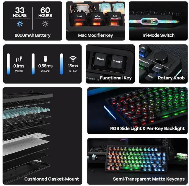 Alt view image 2 of 7 - HE75 V2 TMR Hall Effect Gaming Keyboard w/Changeable Knob | Rapid Triggering, 8K Polling, 0.01mm Adjustable Actuation, Hybrid Hot-Swap, Creamy & Thocky, 2.4Ghz/BT for Mac/WIN (Black)
