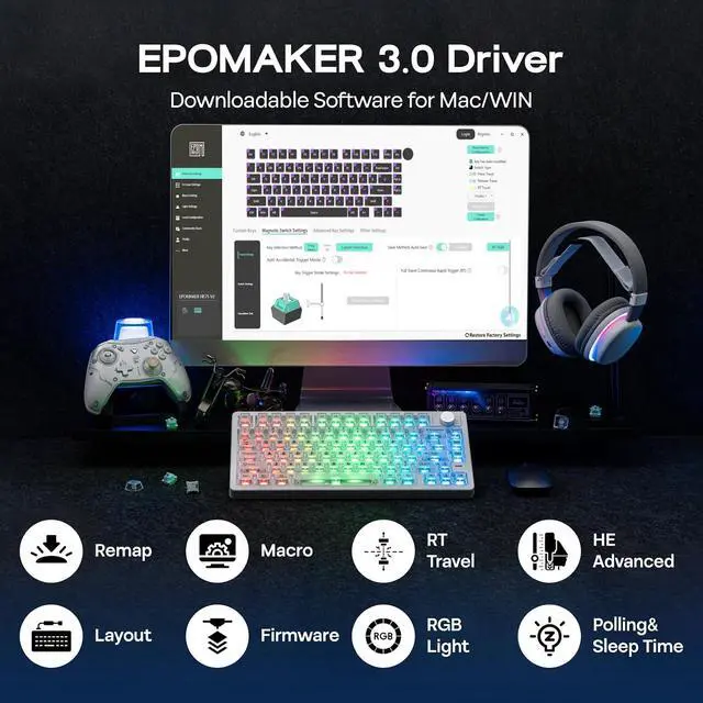 Alt view image 6 of 7 - HE75 V2 TMR Hall Effect Gaming Keyboard w/Changeable Knob | Rapid Triggering, 8K Polling, 0.01mm Adjustable Actuation, Hybrid Hot-Swap, Creamy & Thocky, 2.4Ghz/BT for Mac/WIN (White)