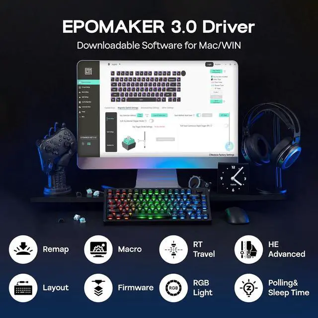 Alt view image 6 of 7 - HE75 V2 TMR Hall Effect Gaming Keyboard w/Changeable Knob | Rapid Triggering, 8K Polling, 0.01mm Adjustable Actuation, Hybrid Hot-Swap, Creamy & Thocky, 2.4Ghz/BT for Mac/WIN (Black)