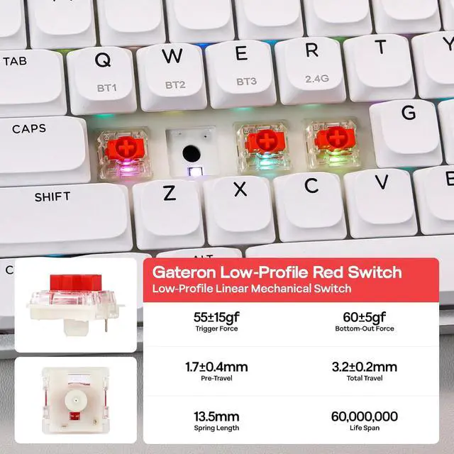 Alt view image 3 of 7 - Luma84 Low Profile Aluminum Mechanical Keyboard, QMK/VIA Programmable, Tri-Mode Wireless, Win/MAC/Linux Compatible, RGB Backlight (White&Purple, Gateron Low-Profile Red Switch)