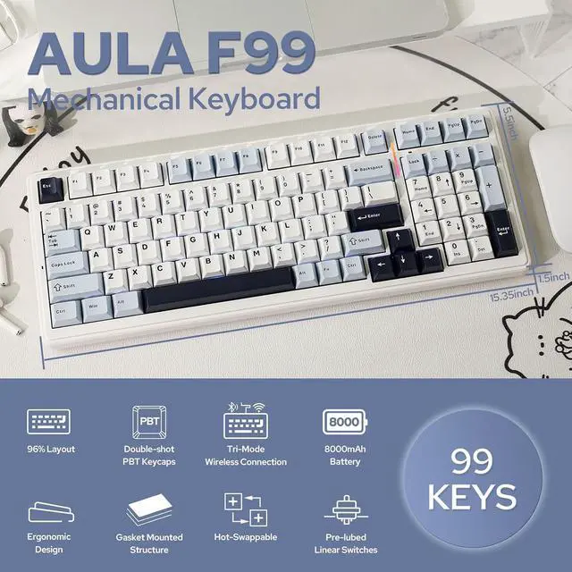 Alt view image 2 of 7 - x Aula F99 Wireless Mechanical Keyboard + 35 pcs Sea Salt Silent Mechanical Switch