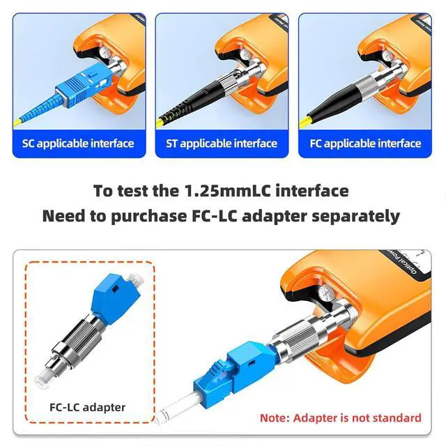 Alt view image 3 of 6 - Optical Power Meter, Fiber Optic Power Tester, Rechargeable Fiber Tester with LED Light, -70~+10 dBm, 10 Wavelengths, SC/ST/FC Compatible,for FTTH Network(with FC to LC Coupler Adapters)