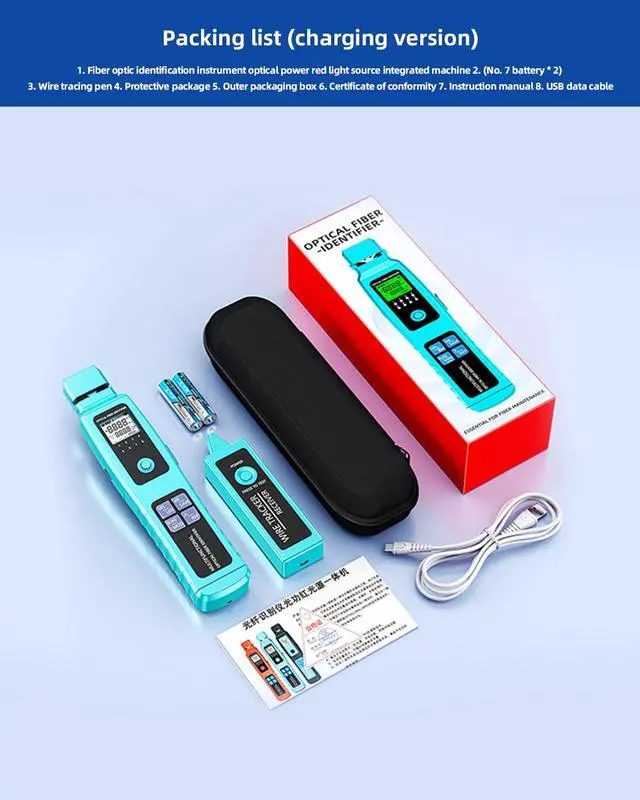 Alt view image 7 of 7 - Fiber Optic Identifier with Power Meter Red Light Source, -50-26dBm 5-in-1 Multifunctional Fiber Direction Finder Tester Kit, Single-Mode Multi-Mode Detector with Cable Tracer Rechargeable