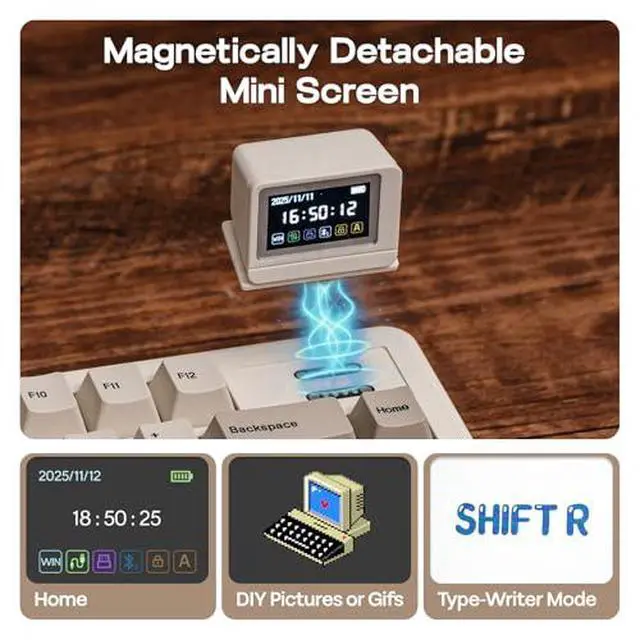 Alt view image 3 of 7 - RT82 Wireless Mechanical Keyboard with Screen+Click Gaming Mouse Wireless 2.4Ghz/Bluetooth/Type-C
