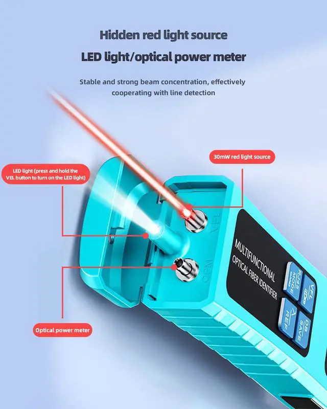 Alt view image 5 of 7 - Fiber Optic Identifier with Power Meter Red Light Source, -50-26dBm 5-in-1 Multifunctional Fiber Direction Finder Tester Kit, Single-Mode Multi-Mode Detector with Cable Tracer Rechargeable