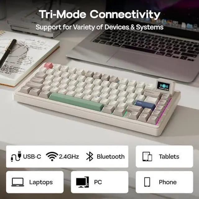 Alt view image 4 of 7 - RT82 Wireless Mechanical Keyboard with Screen+Click Gaming Mouse Wireless 2.4Ghz/Bluetooth/Type-C