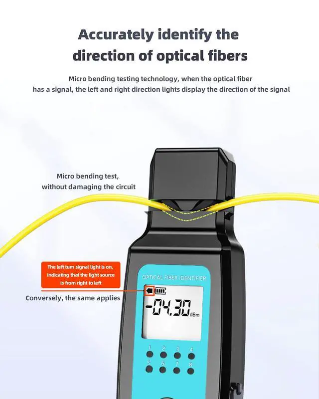 Alt view image 2 of 7 - Battery-Powered Fiber Optic Identifier Tool Power Meter -50-26dBm & Red Light & Cable Tracer, 5-in-1 Clamp for Single/Multi-Mode Fiber Direction Detection