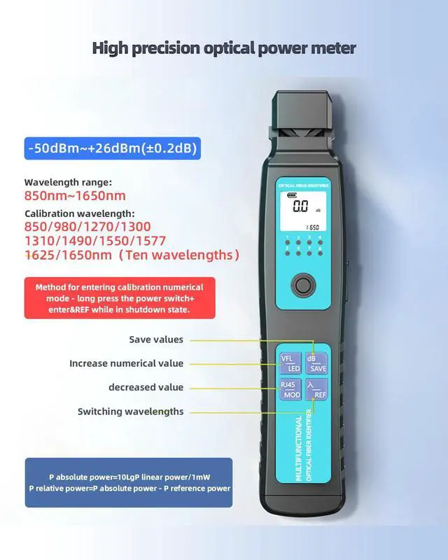 Alt view image 6 of 7 - Battery-Powered Fiber Optic Identifier Tool Power Meter -50-26dBm & Red Light & Cable Tracer, 5-in-1 Clamp for Single/Multi-Mode Fiber Direction Detection