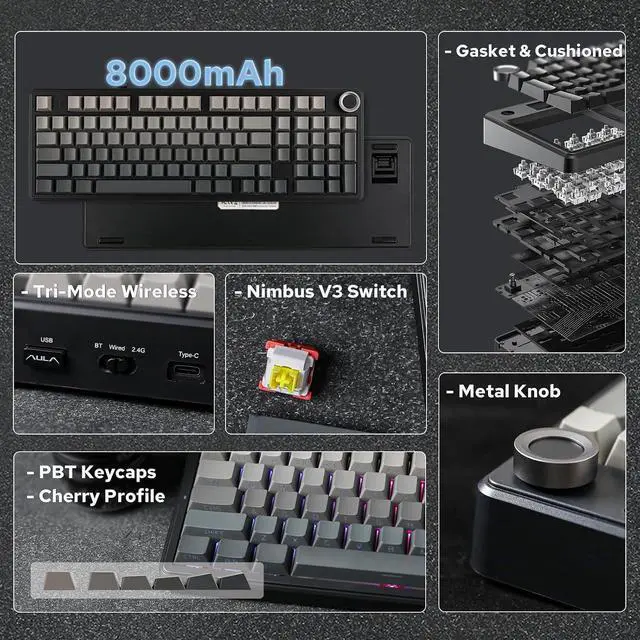 Alt view image 2 of 7 - X Aula F99 PRO Wireless Gaming Keyboard+Click Gaming Mouse Wireless 2.4Ghz/Bluetooth/Type-C