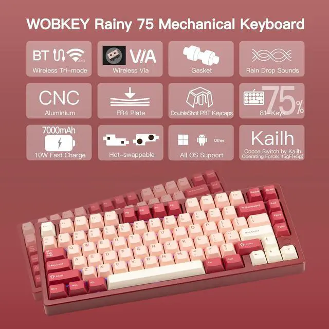Alt view image 2 of 6 - WOBKEY Rainy 75 CNC Aluminum HMX/JWK/Cocoa Switches Triple-Mode Connectivity Mechanical Keyboard with Superior Acoustics, RGB/FR4/Silver SUS304/7000mAh/Cocoa Switch (Pro - Red Velvet)