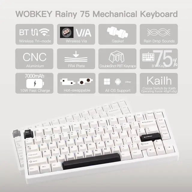 Alt view image 2 of 6 - WOBKEY Rainy 75 CNC Aluminum HMX/JWK/Cocoa Switches Triple-Mode Connectivity Mechanical Keyboard with Superior Acoustics, RGB/FR4/Silver SUS304/7000mAh/Cocoa Switch (Pro - Luna)