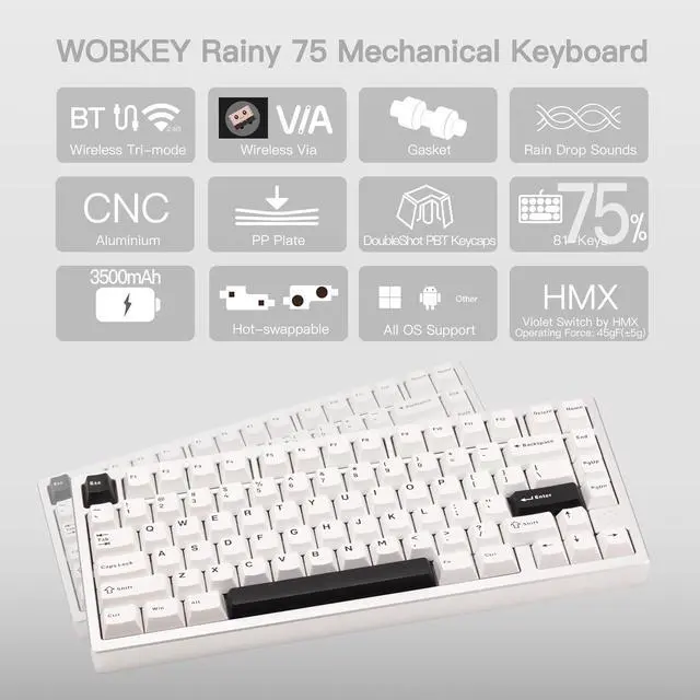 Alt view image 2 of 6 - WOBKEY Rainy 75 CNC Aluminum HMX/JWK/Cocoa Switches Triple-Mode Connectivity Mechanical Keyboard with Superior Acoustics, No RGB/PP/Mirrored Glass/3500mAh/Violet Switch (Lite - Silver)