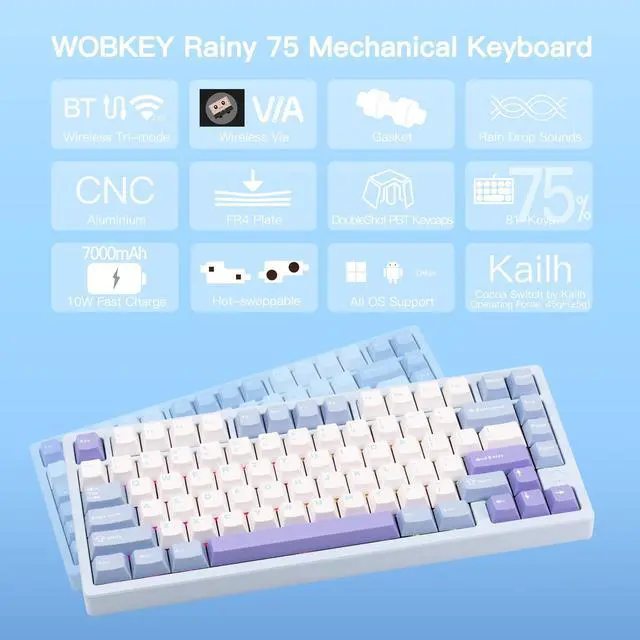 Alt view image 2 of 6 - WOBKEY Rainy 75 CNC Aluminum HMX/JWK/Cocoa Switches Triple-Mode Connectivity Mechanical Keyboard with Superior Acoustics, RGB/FR4/Silver SUS304/7000mAh/Cocoa Switch (Pro - Blue)