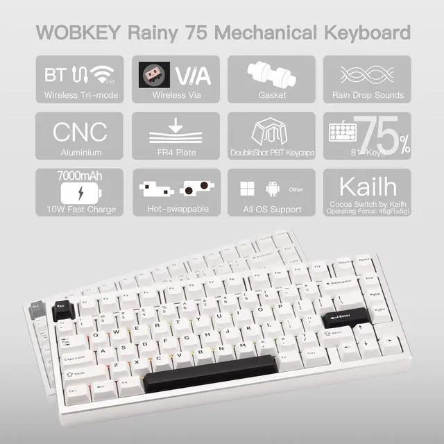 Alt view image 2 of 6 - WOBKEY Rainy 75 CNC Aluminum HMX/JWK/Cocoa Switches Triple-Mode Connectivity Mechanical Keyboard with Superior Acoustics, RGB/FR4/Silver SUS304/7000mAh/Cocoa Switch (Pro - Silver)